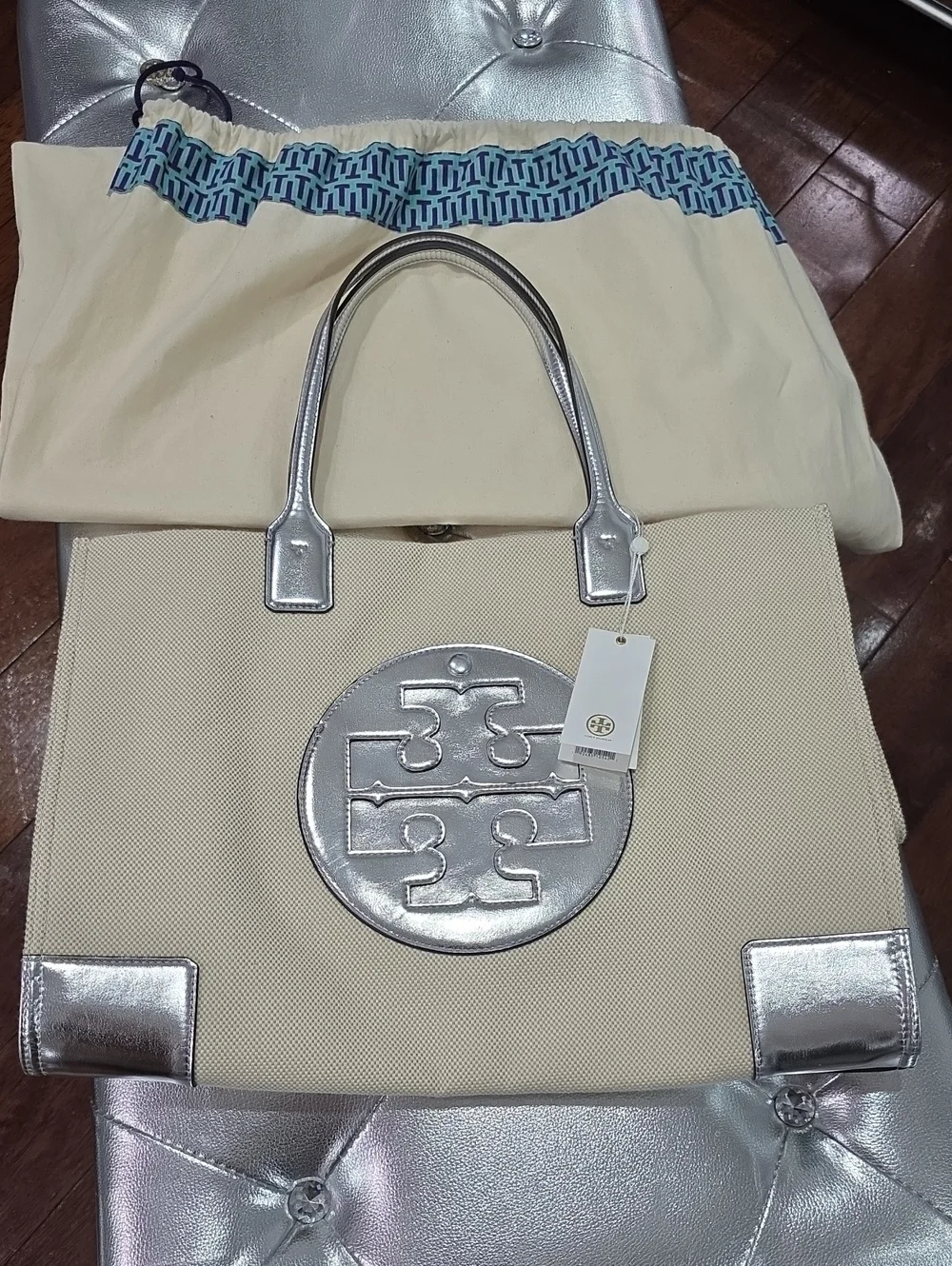 Tory Burch Cream Canvas Tote with Silver Logo and Trim